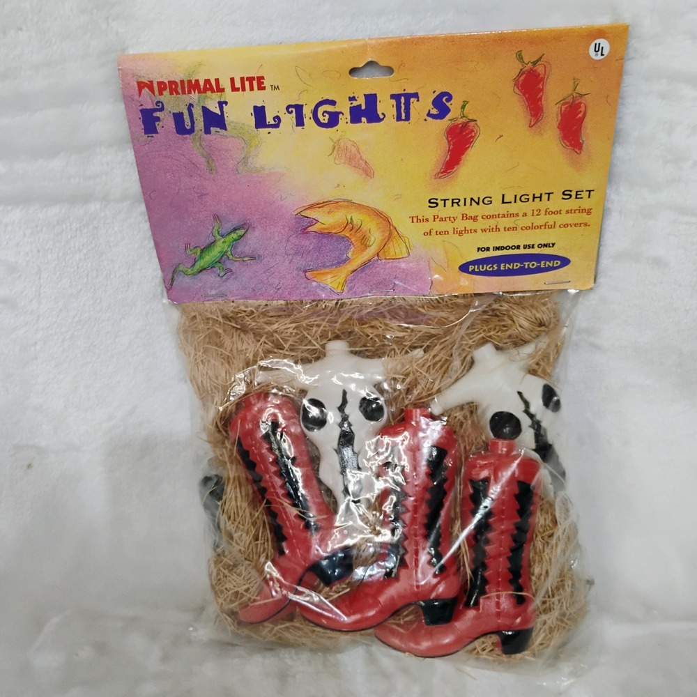 Primal Lite Vtg 1999 Cowboy Boot Steer Skull String Light Set 12ft 10 Lights A